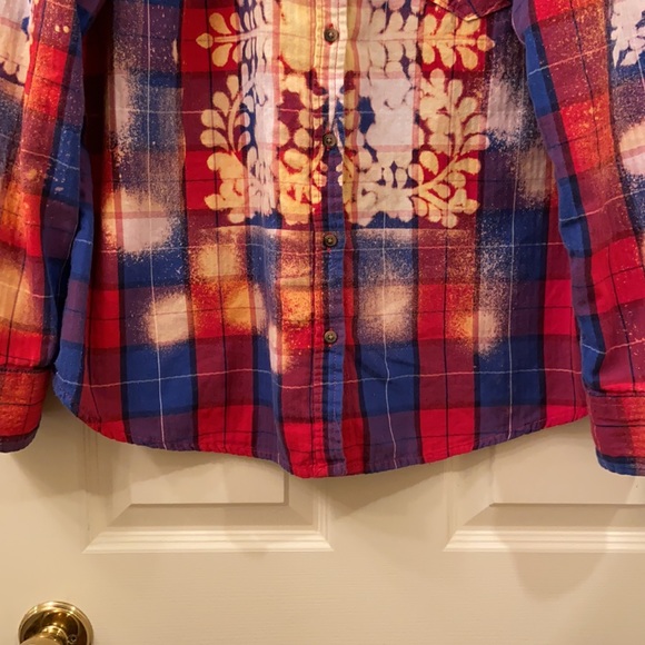 Bleach Splatter Merona Plaid Shirt Custom Up cycled Red Blue, WM SZ XXL Awesome - Picture 5 of 15